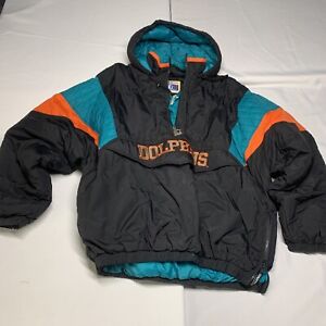 Vintage 1990s NFL Starter Jacket MIAMI DOLPHINS XXL Hooded Puffer Coat Black
