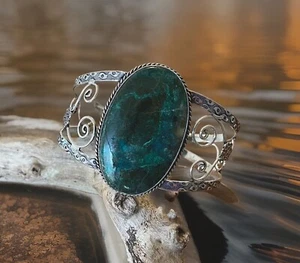 Chrysocolla Gemstone Adjustable bracelet/cuff -Sterling Silver plated 925 - Foto 1 di 4