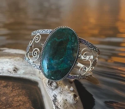 Регулируемый браслет/манжета с драгоценными камнями хризоколла — покрытие из стерлингового серебра 925 - Изображение 1 из 4