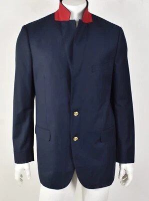 Blazer ALAN FLUSSER Azul Marino Sólido con Cuello de Fieltro Rojo y Botones Dorados Doble Ventilación 42L Foto 1 de 4