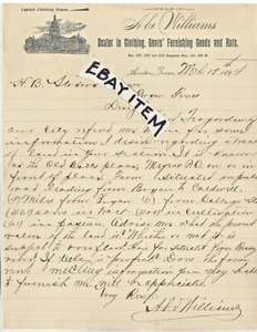 1894 Congress Avenue Austin Texas ABE WILLIAMS Capitol Clothing House MEMBRETE - Imagen 1 de 2
