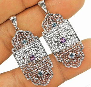 Amethyst & Aquamarine 925 Sterling Silver Art Deco Style Earrings Jewelry - Picture 1 of 1