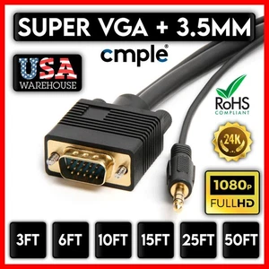 Super VGA Cable 15 PIN SVGA HD Monitor Cord 3.5mm Aux Audio TV HDTV DVR M to M - Picture 1 of 14