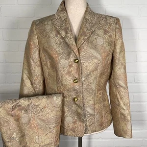 Le Suit Skirt Suit Women 10P Gold Floral Paisley Metallic Brocade Formal Party - Picture 1 of 12