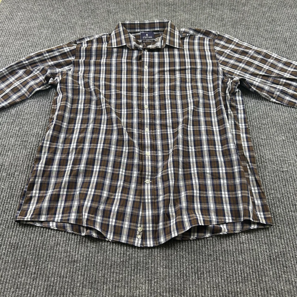 Camisa Stafford Para Hombres 17 1/2 - 36-37 Ajuste Regular A Cuadros Marrón Blanco Manga Larga Foto 1 de 4