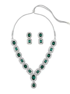 ZAVERI PEARLS Green Stones & Dazzling Austrian Diamonds Embellished Necklace & E - Picture 1 of 5