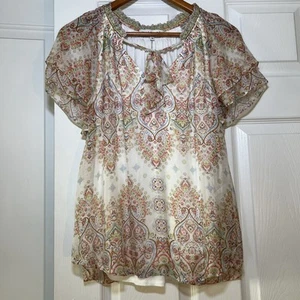 Hale Bob Julianna Silk-Blend Blouse Womens M Flutter Short Sleeve Lined Sheer - Picture 1 of 6