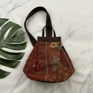 Vintage 90s Tapestry Mini Backpack Bag Brown Orange Foral Adjustable Strap