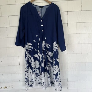 Women’s 3XL Hekka Pleated Midi Dress Blue White NWT Floral With Pockets - Picture 1 of 11