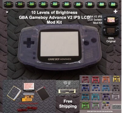 10 Level Brightness GBA V2 IPS LCD Mod Kit w/glass lens-Glacier - Image 1 of 4