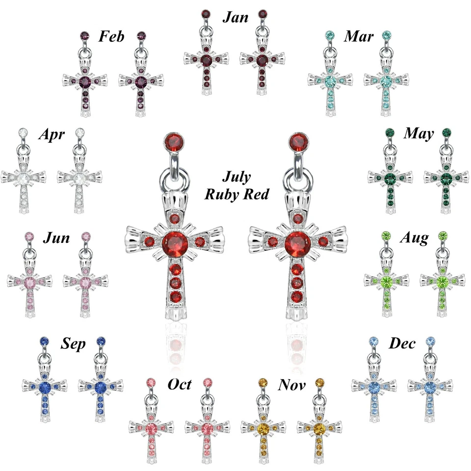 Pendientes Cruz Piedra Natal Plata Cristal Austriaco Acero Quirúrgico 12 Meses Foto 1 de 1