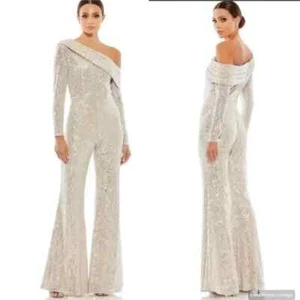 Mac Duggal Silver Nude Sequined Drop Shoulder Long Sleeve Jumpsuit Size 4 $298 - Picture 1 of 4