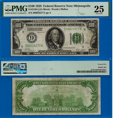 1928 $100 Federal Reserve Note PMG 25 rare numerical 9 Minneapolis Fr 2150-I - Image 1 of 3