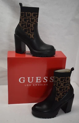 Botines Guess imitación cuero lona negro marrón tacón bloque sin cordones para mujer talla 6M Foto 1 de 4
