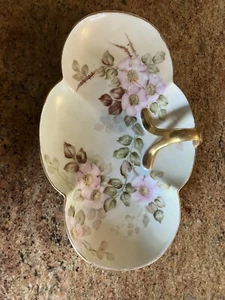 Vtg MINT M&Z Austria Nappy Gold Handled Pink Blossoms Candy Tray 11”x7” - Picture 1 of 6