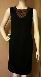 NWT "Ellen Tracy" Black Textured/Gold Sequins/Beaded Neck Lined Sheath Dress 10 - Picture 1 of 11
