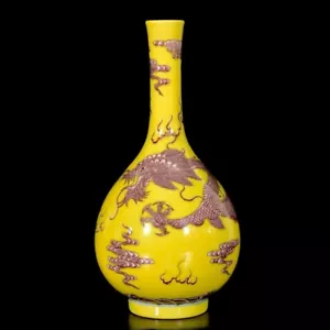 Vaso YuHuChun drago porcellana smaltata gialla cinese arte da collezione - Foto 1 di 9