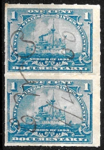 US Revenue 2x#R163 -1898 PAIR 1c US DOCUMENTARY REVENUE -Battleship, used VF - Picture 1 of 1