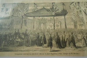 Gravure 1860 - L'empereur recevant les clefs de la ville place Napoléon à Nice - Picture 1 of 1