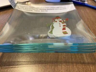 Pampered Chef SNOWMEN Appetizer Plates NIB  (SET OF 4) artfully Decorated Glass - Image 1 of 4