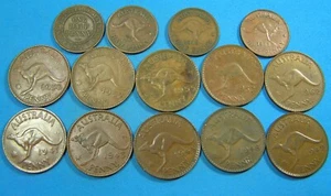 Australia Lot of 14 Different Bronze Coins, 1921 to 1963 1 Penny & 1/2 Penny - Picture 1 of 11