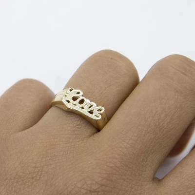 Shiny Love Script Signet Ring Solid Real 10K Yellow Gold - Image 1 of 4