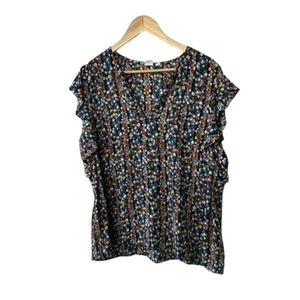 Gap Black Floral Print Flutter Cap Sleeve V-Neck Blouse Women's Size XL - Picture 1 of 6