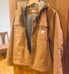 Men's Large Carhartt Hooded Duck Canvas Sherpa Lined Jacket - Picture 1 of 11