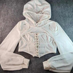 White Hoodie Corset Top Lace Up Y2K Milkmaid Gothic Fairy Grunge Streetwear L - Picture 1 of 11