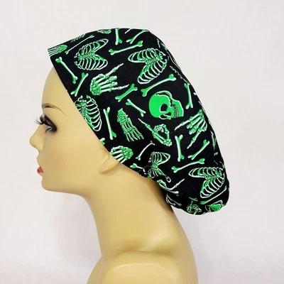 Halloween Women Scrub Hat, Skeleton, Surgical Cap, Scrub Hat Nurses Hat USA Made - Image 1 of 4