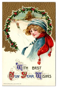 NEW YEAR WISHES - WOMAN & SLEDDER - SCHMUCKER EMBOSSED HOLIDAY POSTCARD - Picture 1 of 2