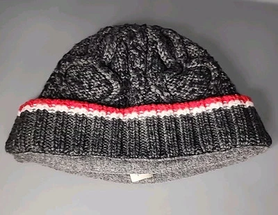 Size 2T-3T  Baby Gap Lined Knit Beanie Winter Hat Gray Black Red Stripe - Image 1 of 4