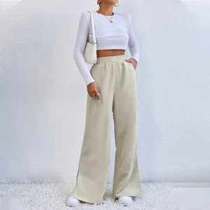 Woman Elastic High Waist Long Pants Split Hem Pure Color Trousers Wide Leg P ZZ1 - Picture 1 of 6