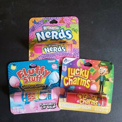 Lot of 3 Flavored Lip Balms Fluffy Stuff Cotton Candy Lucky Charms Nerds Candy  - Image 1 of 4