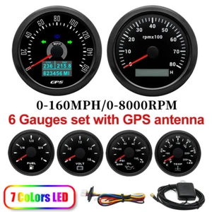 6 Gauge Set 85mm GPS Speedometer 160MPH&0-8000RPM Tacho&52mm Fuel Oil Temp Volt - Picture 1 of 21