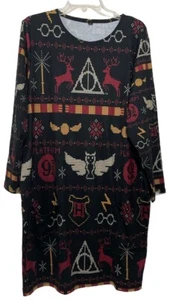 Harry Potter Kleid XL Schwarz Faux Ugly Sweater Print Tunika Fronttaschen Neu - Bild 1 von 5