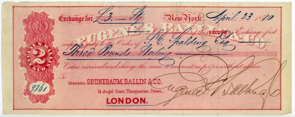 Eugene S. Ballin & Co New York New York Bill of Exchange - Image 1 of 1