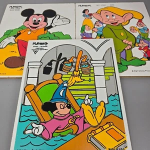 Set Of 3 Playskool VTG Wooden Disney Puzzles Fantasia Mickey Mouse & Snow White - Picture 1 of 14