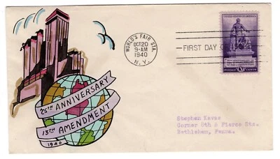 #902 Emancipation Lincoln 13th Ammendment 1940 FDC - Hand-Painted Adler - Image 1 of 2