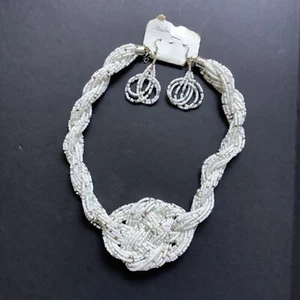 Multi Strand White Rope Seed Bead Necklace and Dangle Earring Set with tags - Picture 1 of 5
