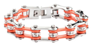 Chrome / Bright Orange Ladies Motorcycle Tennis Bracelet Stainless Steel 64