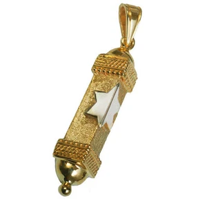 Mezuzah Star Jewish Pendant In 14K Two Toned Yellow Gold Solid Charm Jewelry - Picture 1 of 9