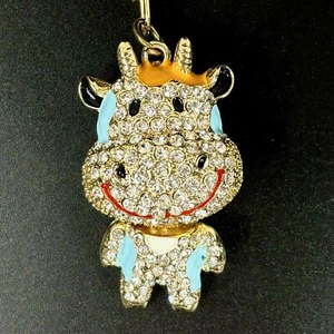 Articulated Cow Keychain Gold Tone Purse Clip Rhinestone Pave Blue Orange Enamel - Picture 1 of 10