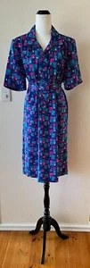 Vintage Retro purple & Blue Print Button Down Dress With Belt Size approx L - Picture 1 of 3