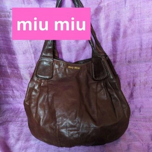 Miu Miu Handbag Shoulder Bag Leather Dark Brown Gold Logo Women's From Japan - Picture 1 of 8