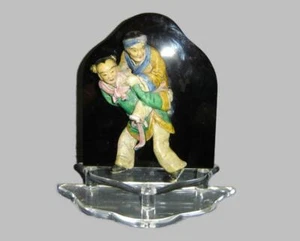 Antique Chinese Qing Glazed Ceramic Roof Tile Ho Ho Boy Carrying Old Man & Stand - Picture 1 of 14