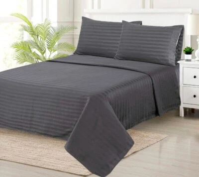 Cotton Satin Charcoal Grey Striped Design Bedsheet with Duvet Cover & Pillowcase - Image 1 of 2
