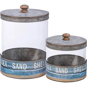 SEA SAND SHELLS Canister Set of 2 With Lids 5.50in x 8in and 4.75in x 5.5in NEW - Picture 1 of 6