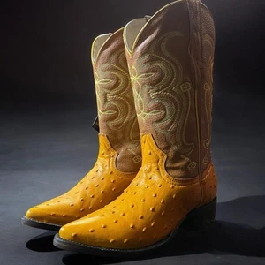 Men’s Yellow Ostrich Skin Boots. Western Cowboy Boots. Botas De Piel Avestruz. - Picture 1 of 9