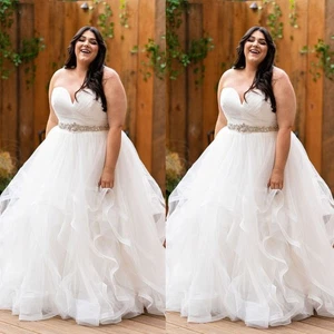 Plus Size Wedding Dresses Strapless Beaded Ruffles Beach Boho A Line Bridal Gown - Picture 1 of 9